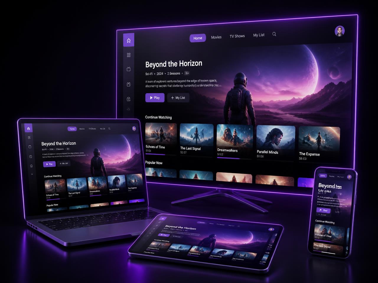 Dispositivos exibindo a interface da plataforma de streaming MegaPlayNet